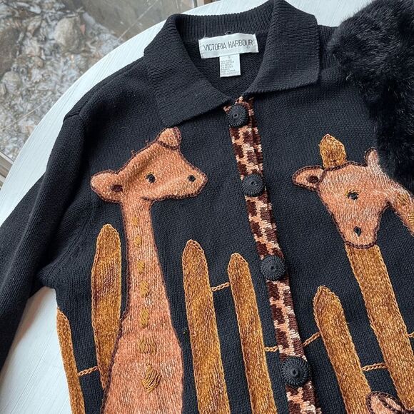 Vintage 90s Victoria Harbour Giraffe Cardigan Sweater Removable Collar - Picture 3 of 8